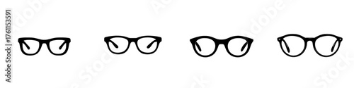Various styles of eyeglasses displayed in a minimalist design featuring contemporary shapes and frames in black and white tones
