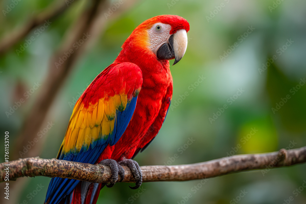 Obraz premium Vibrant scarlet macaw with striking red, yellow, and blue feathers perched gracefully on a textured tree branch with a lush green blurred background