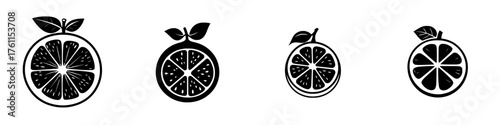 Various styles of citrus fruit illustrations featuring different cuts and sizes of lemons and oranges in black and white