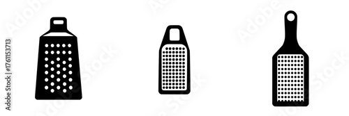 Different types of cheese graters arranged in a row showcasing varying designs and sizes for kitchen use