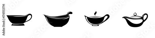Various types of serving vessels for sauces and condiments displayed in a minimalist style