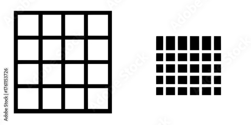 Grid patterns showcasing contrasting sizes and designs in a minimalist style with black and white colors