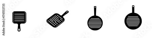 Various kitchen utensils including grilling pans and spatulas on a white background for culinary design and cooking inspiration