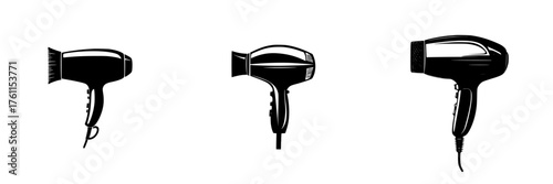 Three distinct designs of hair dryers showcasing evolution in style and technology for personal grooming