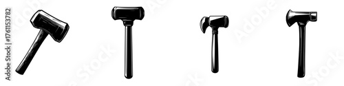 Various types of tools including a rubber mallet, hatchet, and axe displayed against a plain background