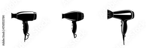 Various designs of hair dryers showcased in a minimalist style with a sleek black and white aesthetic