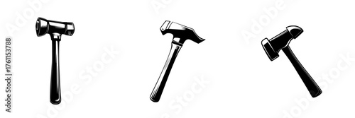 Different types of hammers displayed in a line showcasing their unique shapes and functions in construction work