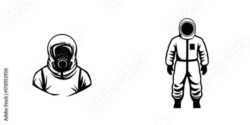 Detailed illustrations of two futuristic astronaut suits designed for space exploration activities in various environments