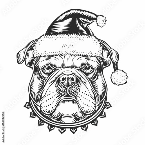Bulldog in Santa Hat: Black and White Vector Illustration