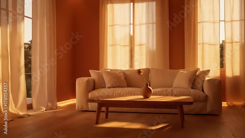 A bright and inviting living room bathed in the golden glow of sunset. Features a plush sofa, wooden coffee table, and sheer curtains filtering the warm light.