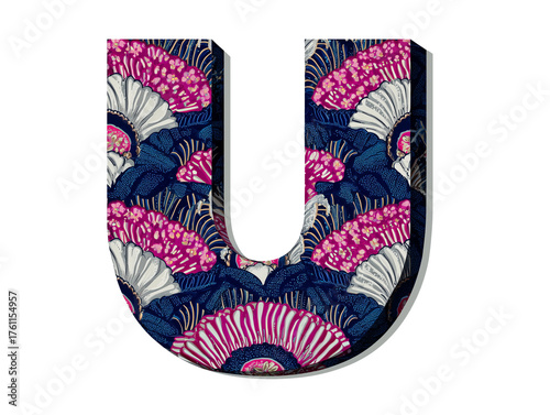 The letter U is written with a dark blue, pink, and silver Shippo pattern isolated on a white background.