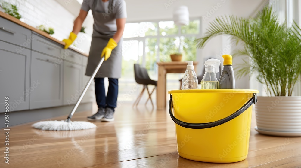 Fototapeta premium A low-angle shot focusing on a yellow bucket filled with cleaning supplies, including spray bottles and soap, sitting on a shiny wooden floor. In the blurred background, a person wearing yellow rubber