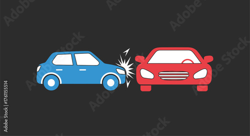 Stylized illustration depicts a head on collision between a blue and red car