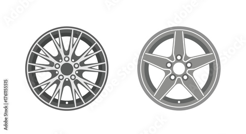 Two automotive wheels depicted in a simple black and white style