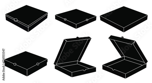 Black outlines of open and closed square gift boxes in various views