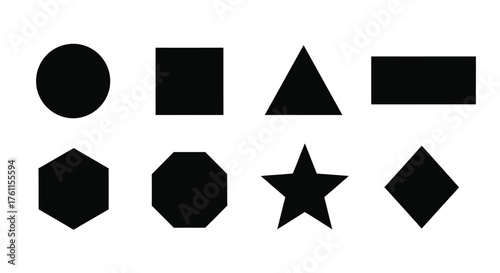 Arrangement of basic black geometric shapes on a white background