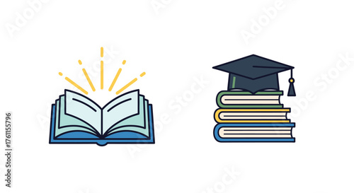 An open book with a graduation cap resting on stacked books
