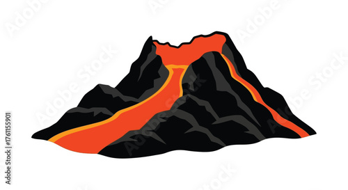 Cartoon illustration of a black volcano erupting with bright orange lava flow