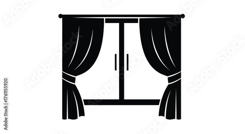Black and white illustration of closed curtains with a doorway behind