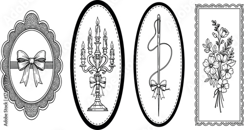 A curated set of vintage black line art illustrations showcasing "timeless decorative elegance" with frames, bows, a candelabra, and florals