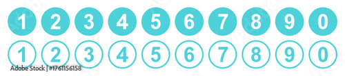 Typography set of rounds 0 to 9 Numbers. Bullet point number icon. Number icons set from 0 to 9 in filled and outlined circle style turquoise color isolated vector design.