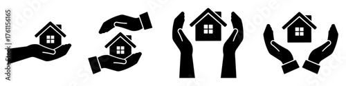Collection of real estate protection icons showing hands holding a house. Vector illustration symbolizing home insurance, safety, care, property protection, and housing security in modern flat style.