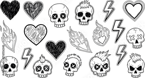 Collection of sketched and outlined icons representing skulls, hearts, and lightning bolts in a black and white style, ideal for graphic design and creative projects