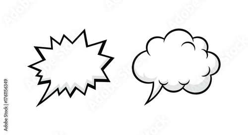 Two cartoon speech bubbles one with starburst effect in black and white