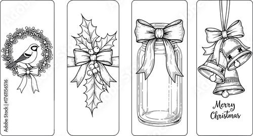 Set of hand-drawn Christmas coloring bookmarks featuring a wreath, a bird, holly with a bow, a mason jar, and jingle bells for a festive DIY craft