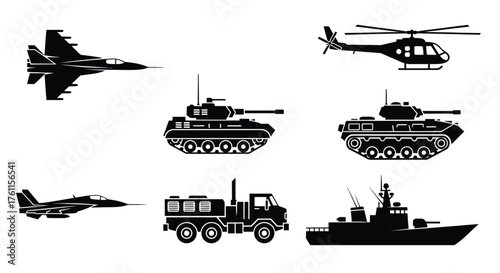 Silhouette depictions of military vehicles including aircraft and naval ships