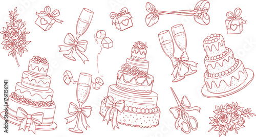 Hand-drawn wedding icons including cakes, champagne flutes, gifts, and flowers, perfect for invitations and decorations