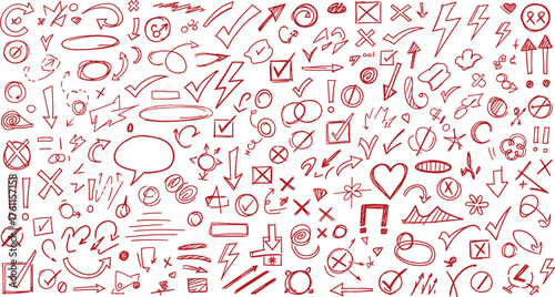 Creative collection of hand-drawn red doodle elements featuring arrows, checkmarks, hearts, and other sketched symbols for design projects