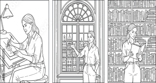 Detailed line art illustrations depicting a woman engaged in creative work, intellectual pursuits, and city observation, perfect for a mindful coloring book experience