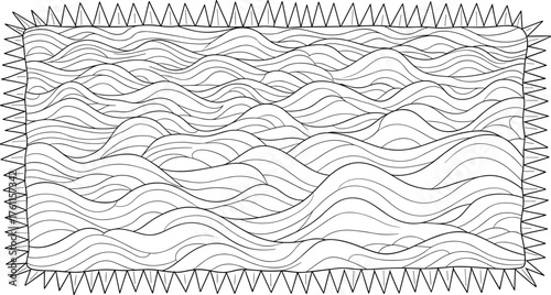 Ocean waves with a jagged, textured border create a serene, linear illustration