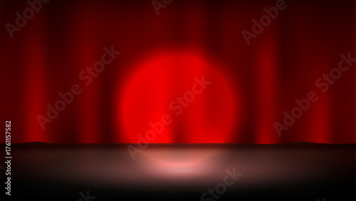 Spotlight on Stage Red Curtain, Vector Illustration