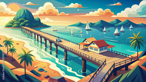 Very beautiful drone’s-eye view of Long Island pier extending over calm, serene waters, surrounded by breathtaking coastal scenery, soft light, and natural harmony — a perfect seaside panorama of tran