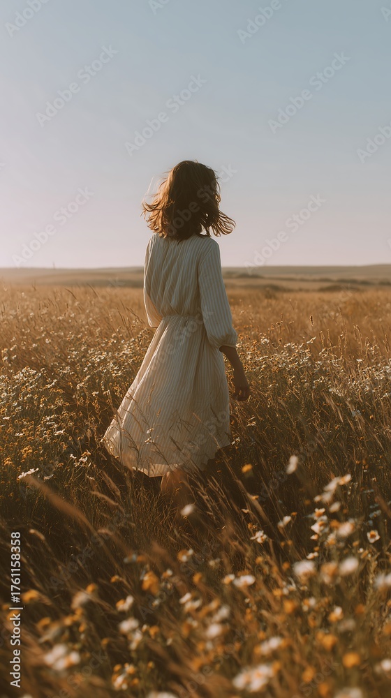 Naklejka premium Woman walking dreamily through golden flower field