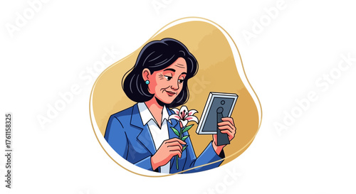 Smiling Woman Holding a Flower and Looking at a Frame, Illustration in Pastel Colors