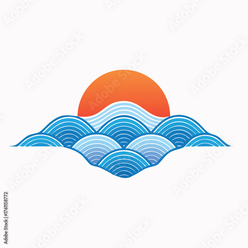 Stylized Japanese Wave and Sunset Design