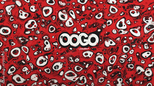Abstract organic red, white, and black pattern background with stylized 'OOGO' text design, modern contemporary digital art