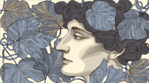 Elegant profile illustration of a contemplative person with curly hair, framed by stylized blue leaves and ornate organic tendrils, vintage art.