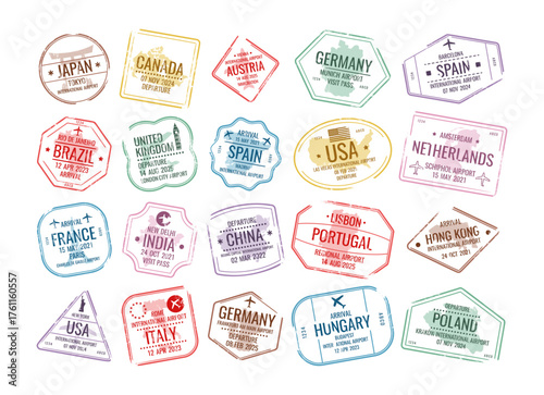 Worldwide travel stamps collection with sightseeing attraction design and country destination place