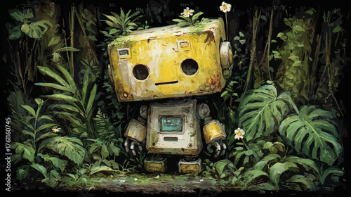 Weathered robot standing in a lush, overgrown jungle, blending technology with nature's reclamation. Concept art.