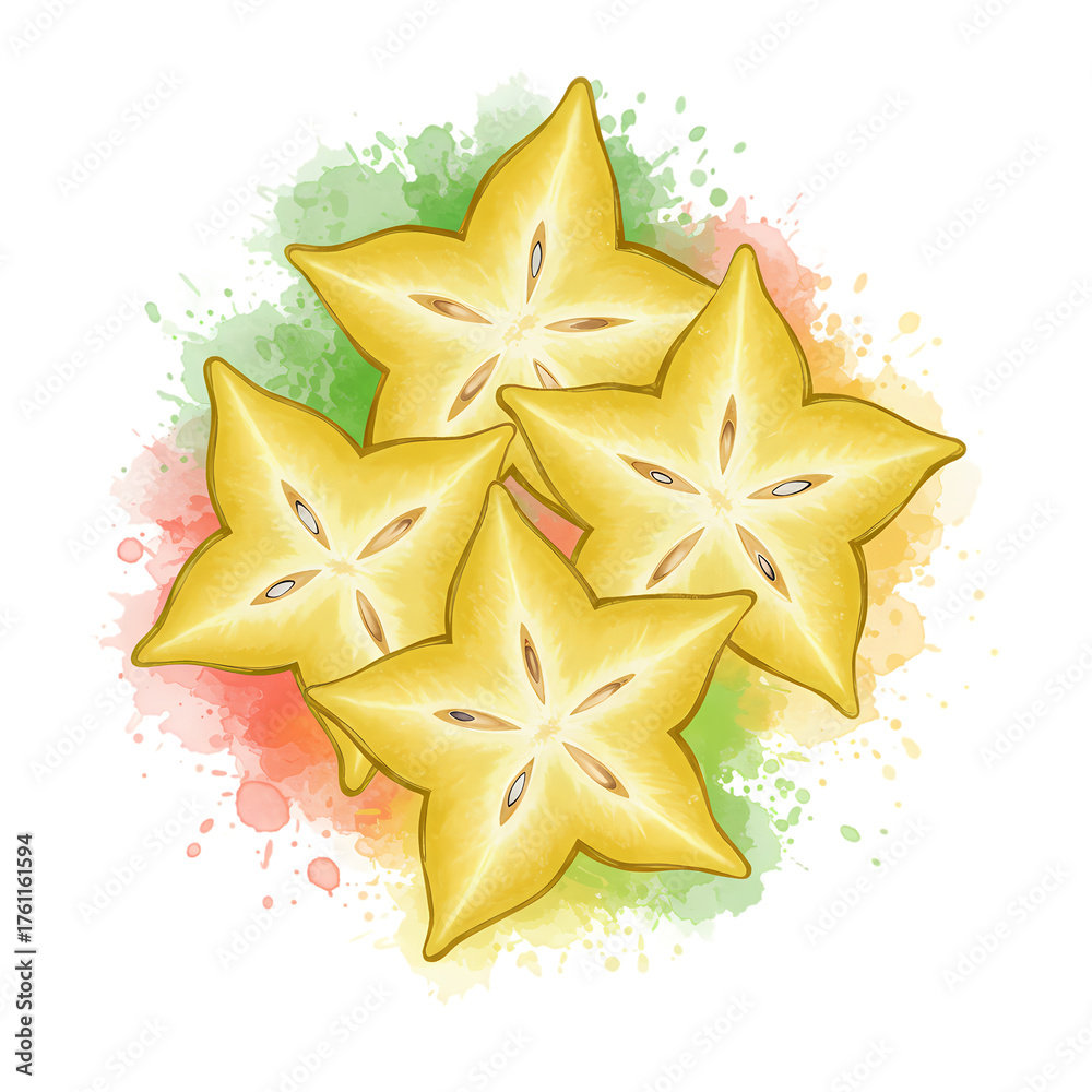Obraz premium Starfruit slices with watercolor splash effect, perfect for vibrant food blog headers or exotic culinary designs that add a tropical twist to your project