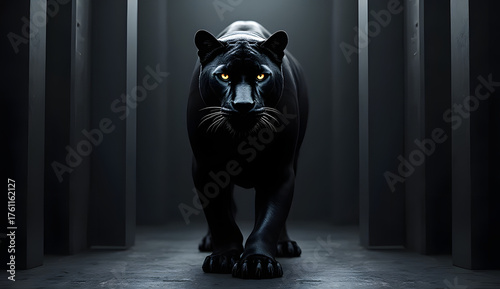 Powerful black panther walking forward dramatic lighting in a dark corridor symbolizing strength and mystery