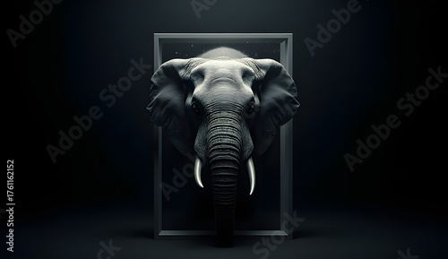 Elephant head in a frame black and white animal portrait conceptual art for decoration and design
