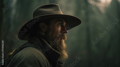 Man with beard and hat standing in forest looking into distance