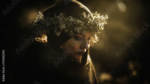 Woman wearing flower crown and hooded cloak with head bowed