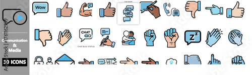 A collection of 30 communication and media icons, featuring various gestures, social media symbols, and interaction elements.