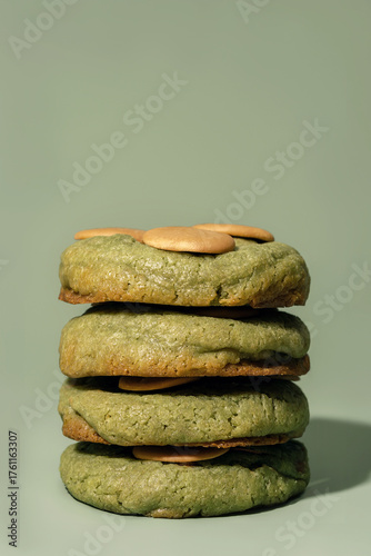 Stack of green cookies with golden topping on a soft background featuring copy space